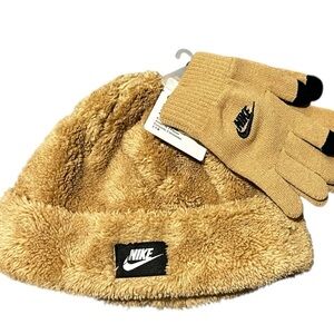 NWT Nike Youth Unisex Tan Fleece Beanie and Gloves Set